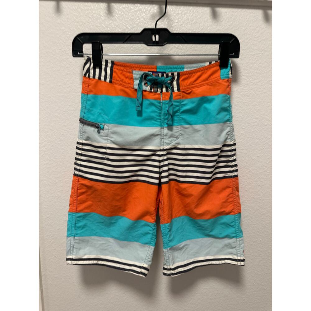 Patagonia Boys' Wavefarer Board Shorts in a blue and orange, Size 12.